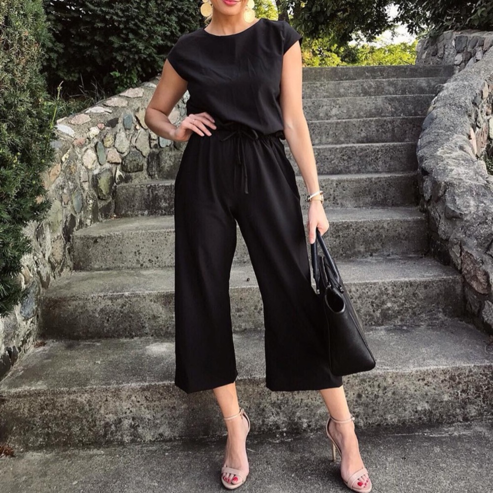 Albion Black Cap-Sleeve Wide-Leg Jumpsuit